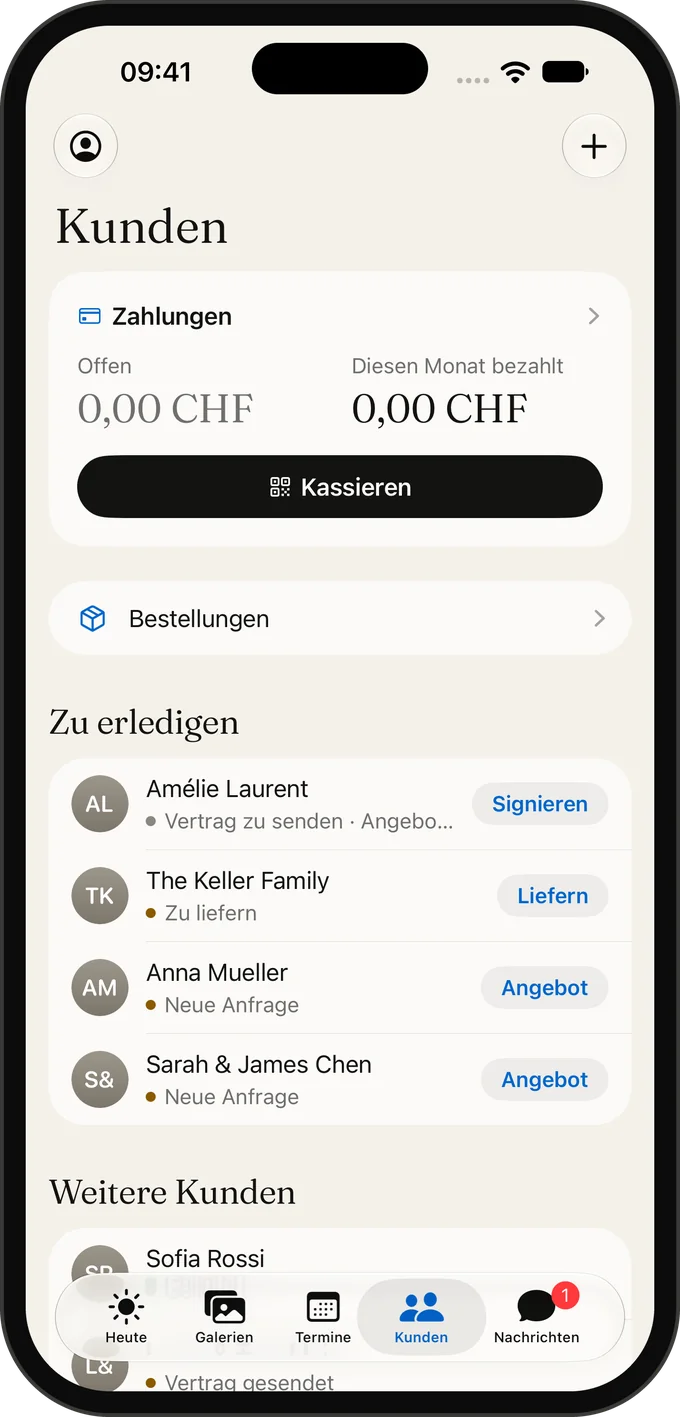 Zahlungen in der Galerly App: was offen ist und was diesen Monat bezahlt wurde, neben den Kunden, die auf Sie warten