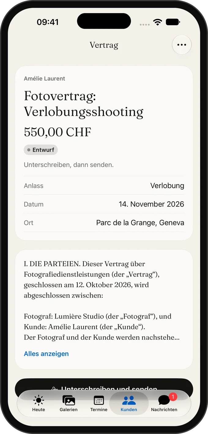 Ein Fotografievertrag in der Galerly App, bereit zum Unterschreiben und Senden