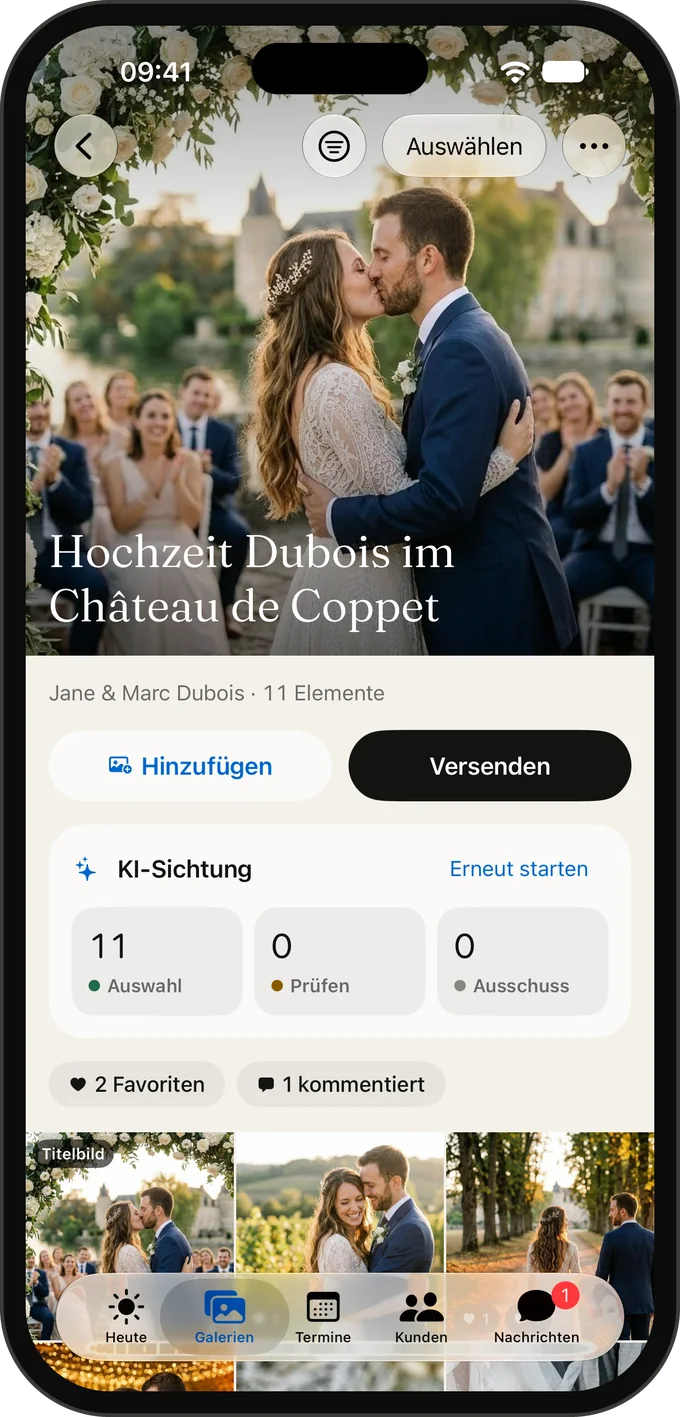 Liefern Sie eine Galerie mit einem Tippen, per Link oder mit einem QR-Code, den Ihr Kunde vor Ort scannt.