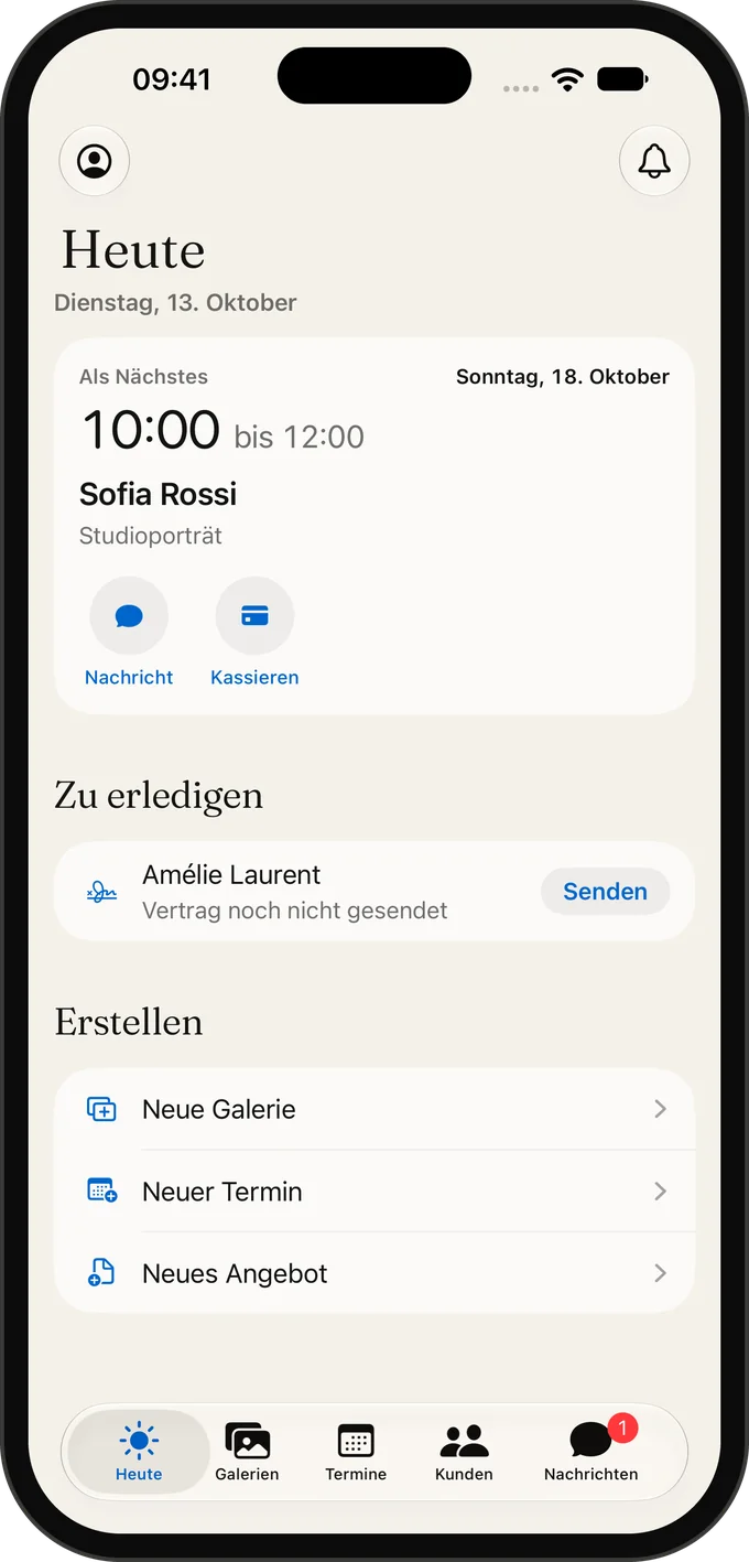 Galerly auf dem iPhone: der Heute-Bildschirm mit dem nächsten Shooting und offenen Aufgaben