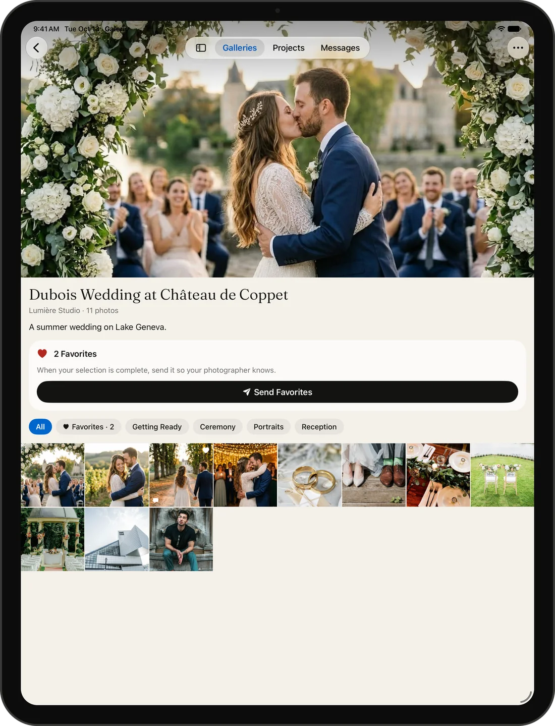 The client’s view of a shared gallery on iPad, with favorites to send back