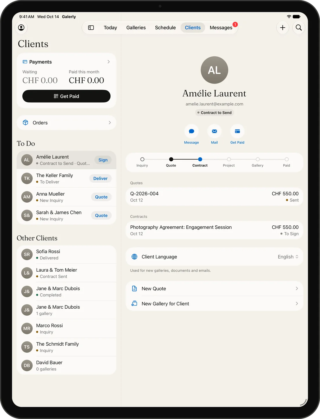 Galerly on iPad: the client list and the selected client side by side
