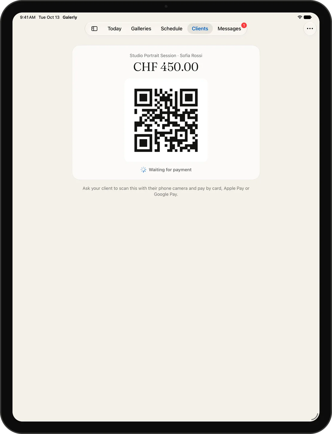 A payment QR code on iPad, waiting for the client to pay