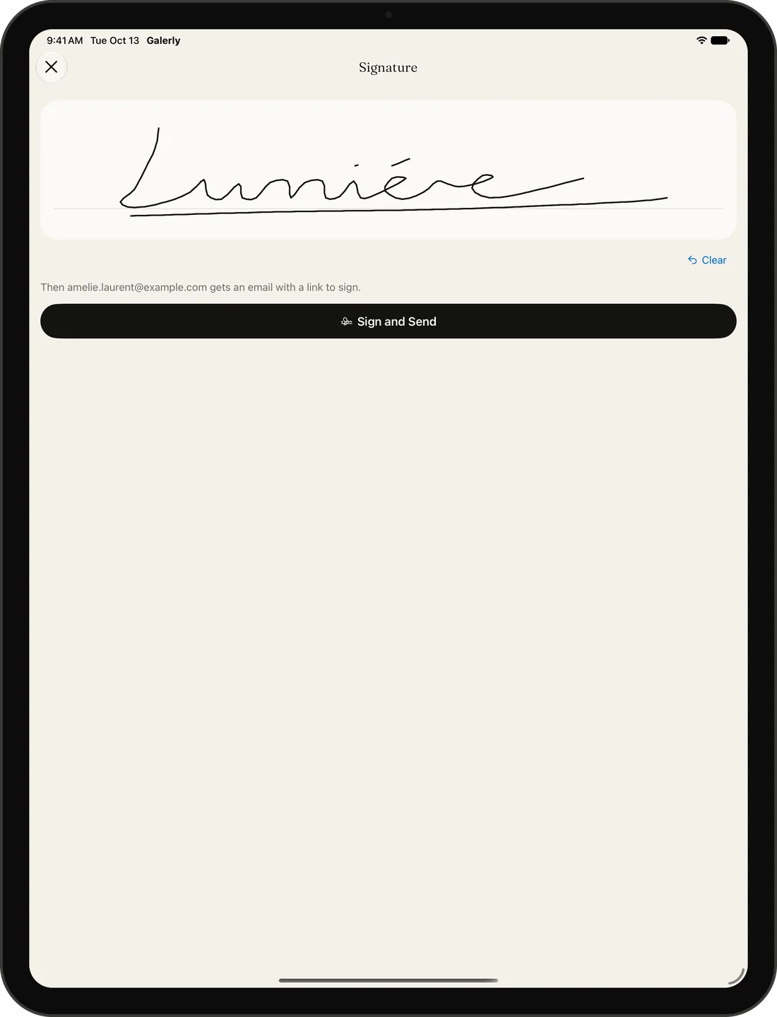 A contract signature on iPad, ready to send