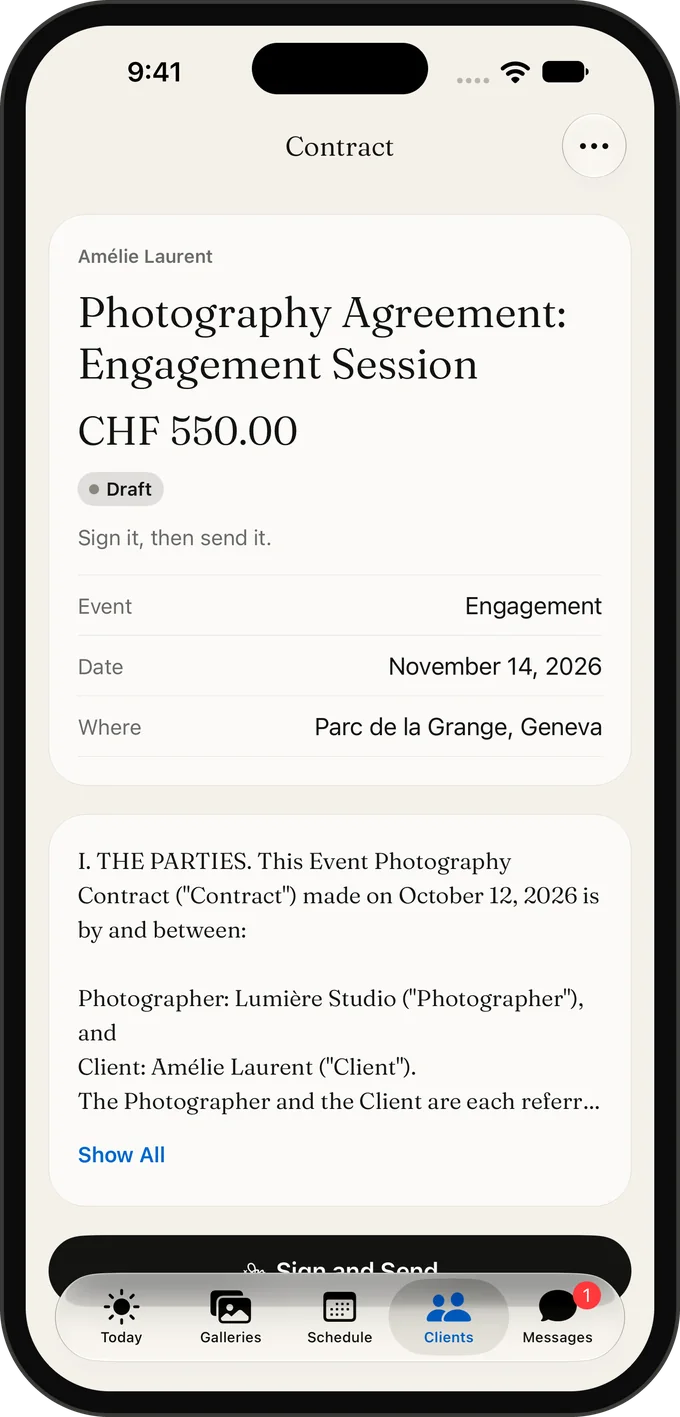 A photography contract in the Galerly app, ready to sign and send