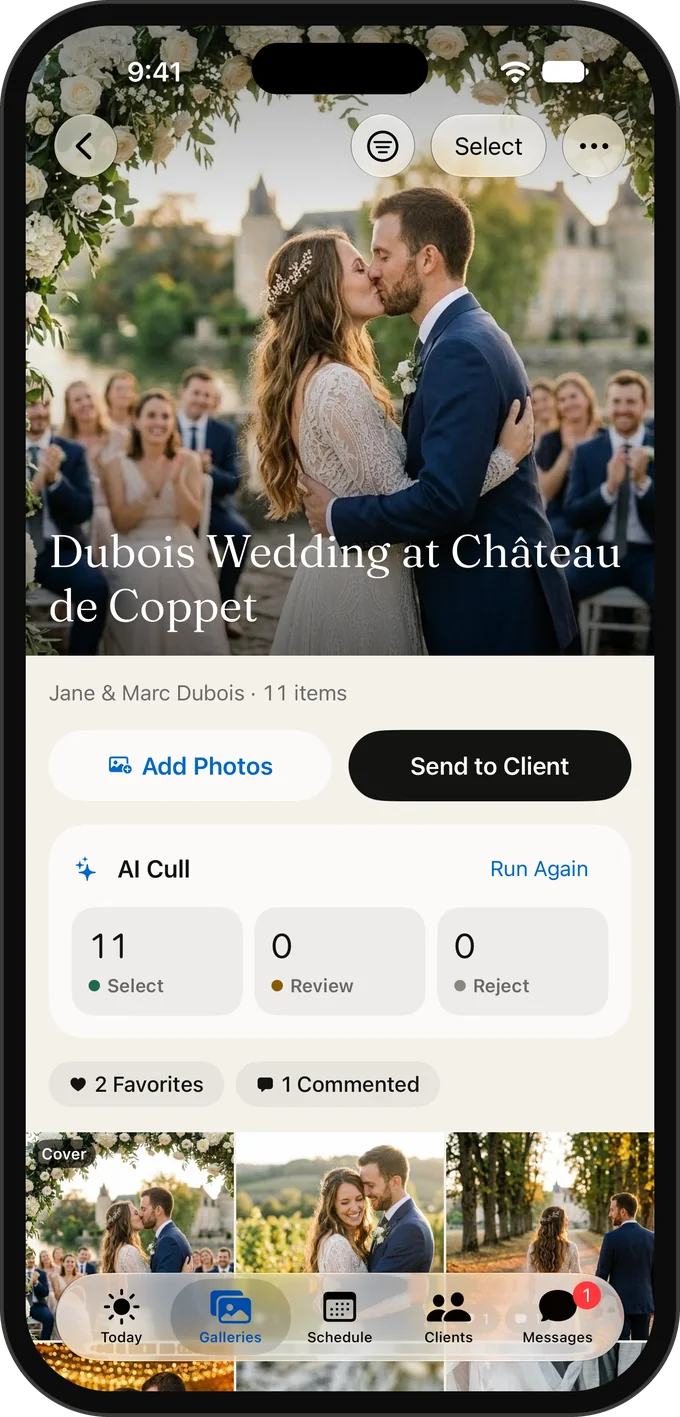 Deliver a gallery in one tap, with a link or a QR code your client scans on the spot.