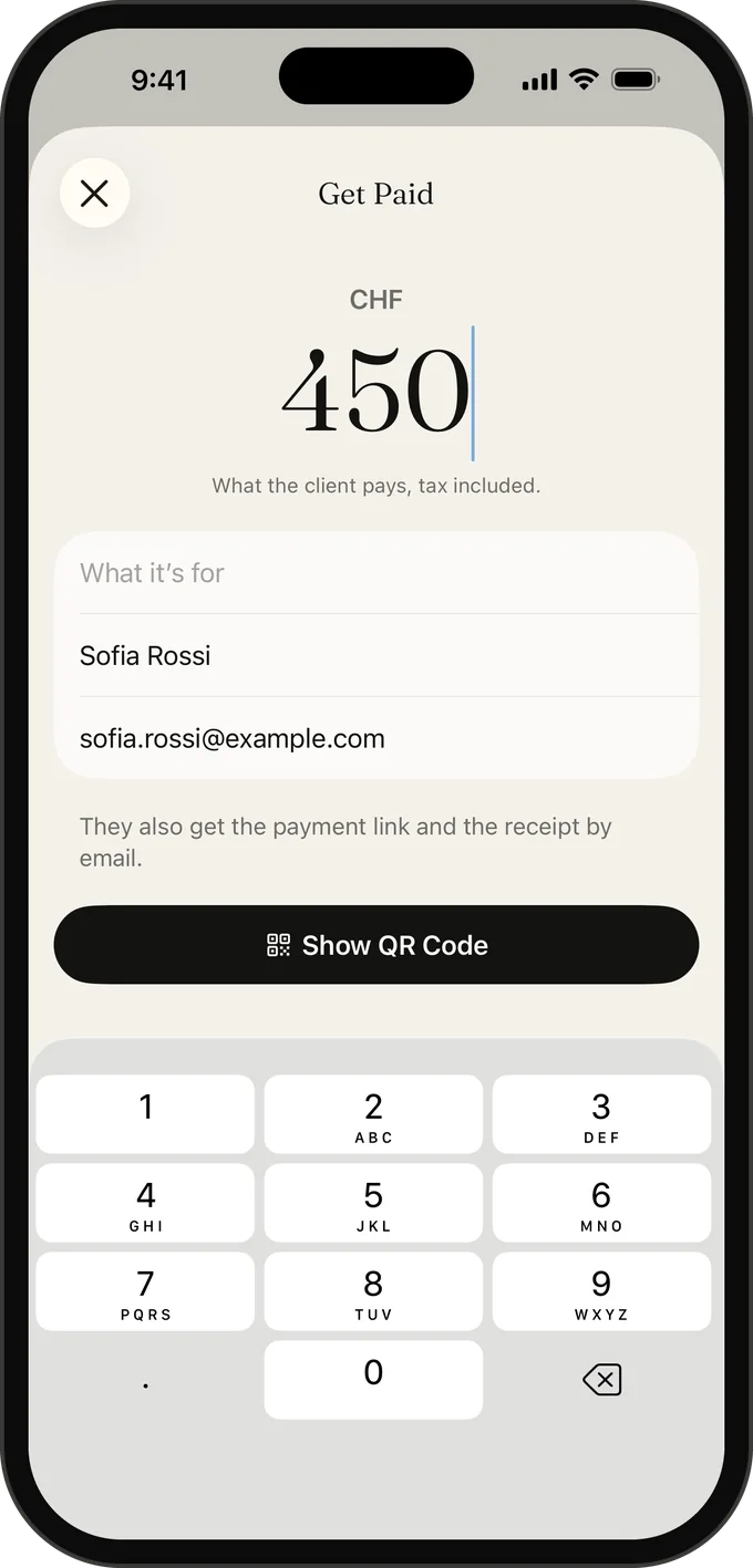 Get Paid in the Galerly app: type the amount the client pays