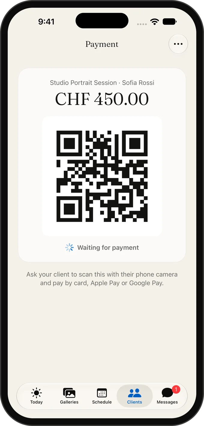 A payment QR code on iPhone, waiting for the client to pay