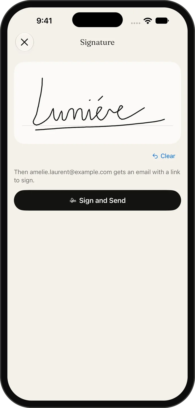 Sign the contract with your finger. Your client signs theirs from a link.