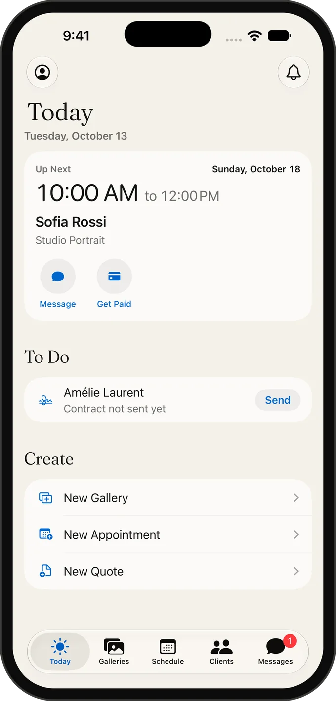 Galerly on iPhone: the Today screen with the next shoot and what needs you