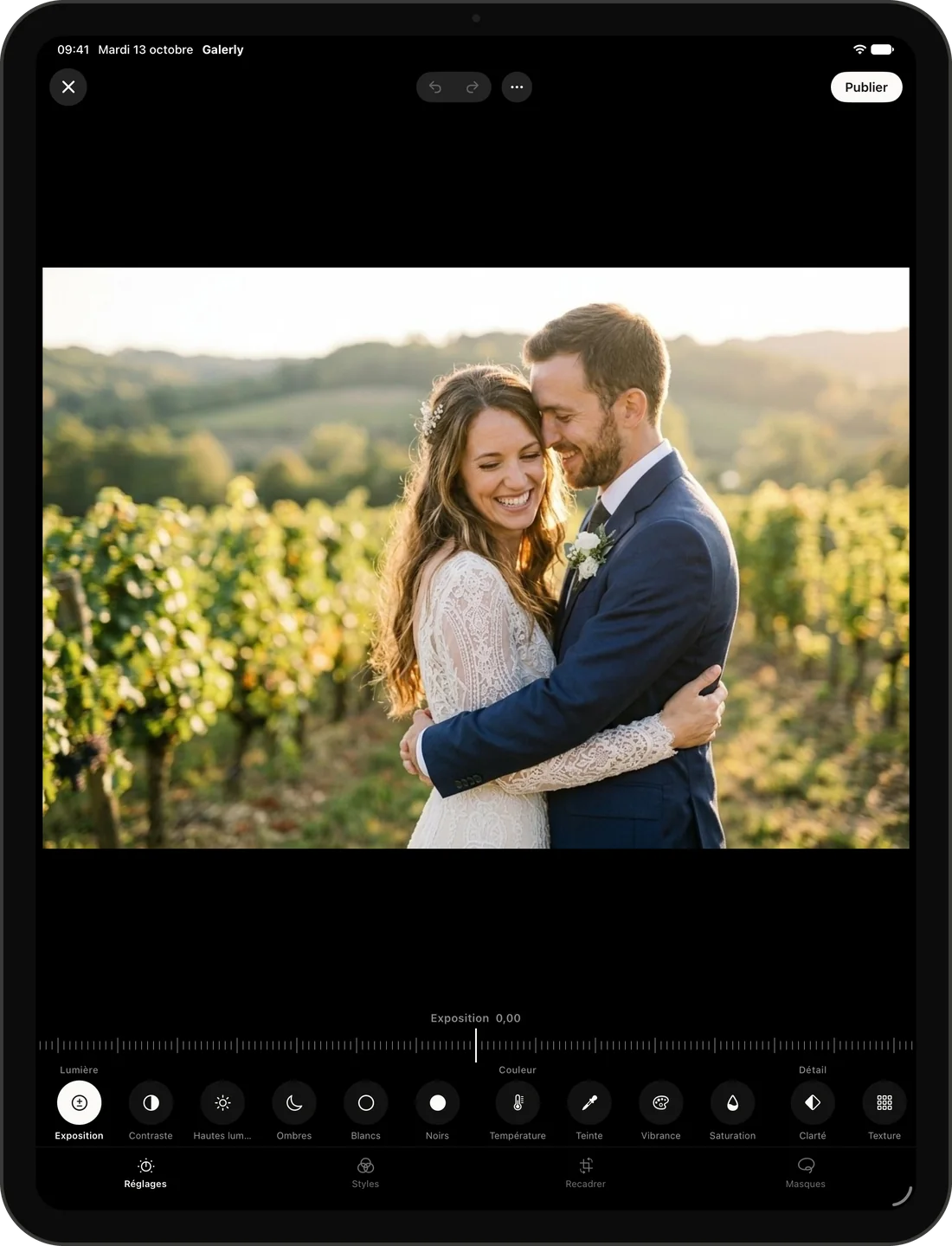 L’éditeur photo de Galerly sur iPad, la photo en premier