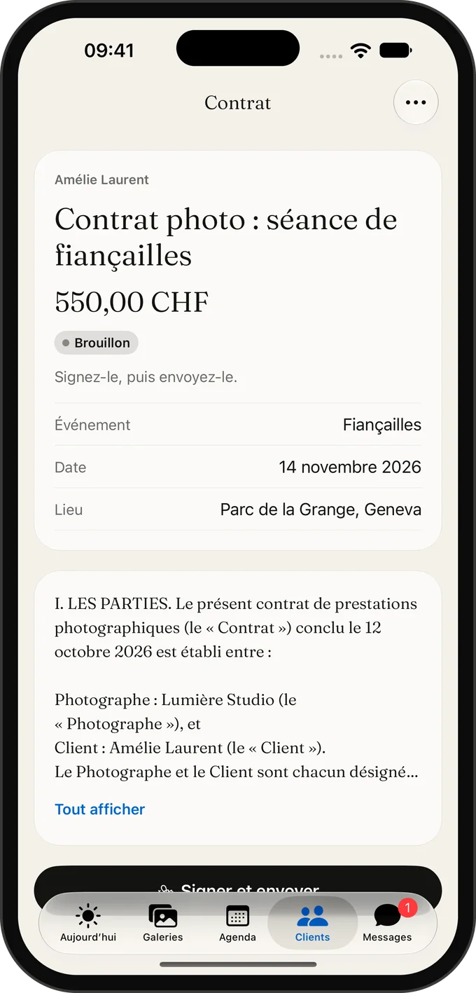 Un contrat photo dans l’app Galerly, prêt à être signé et envoyé