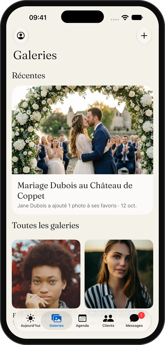 Une galerie de mariage dans l’app Galerly sur iPhone
