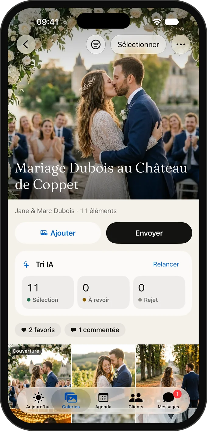 Livrez une galerie d’un geste, par lien ou avec un code QR que votre client scanne sur place.