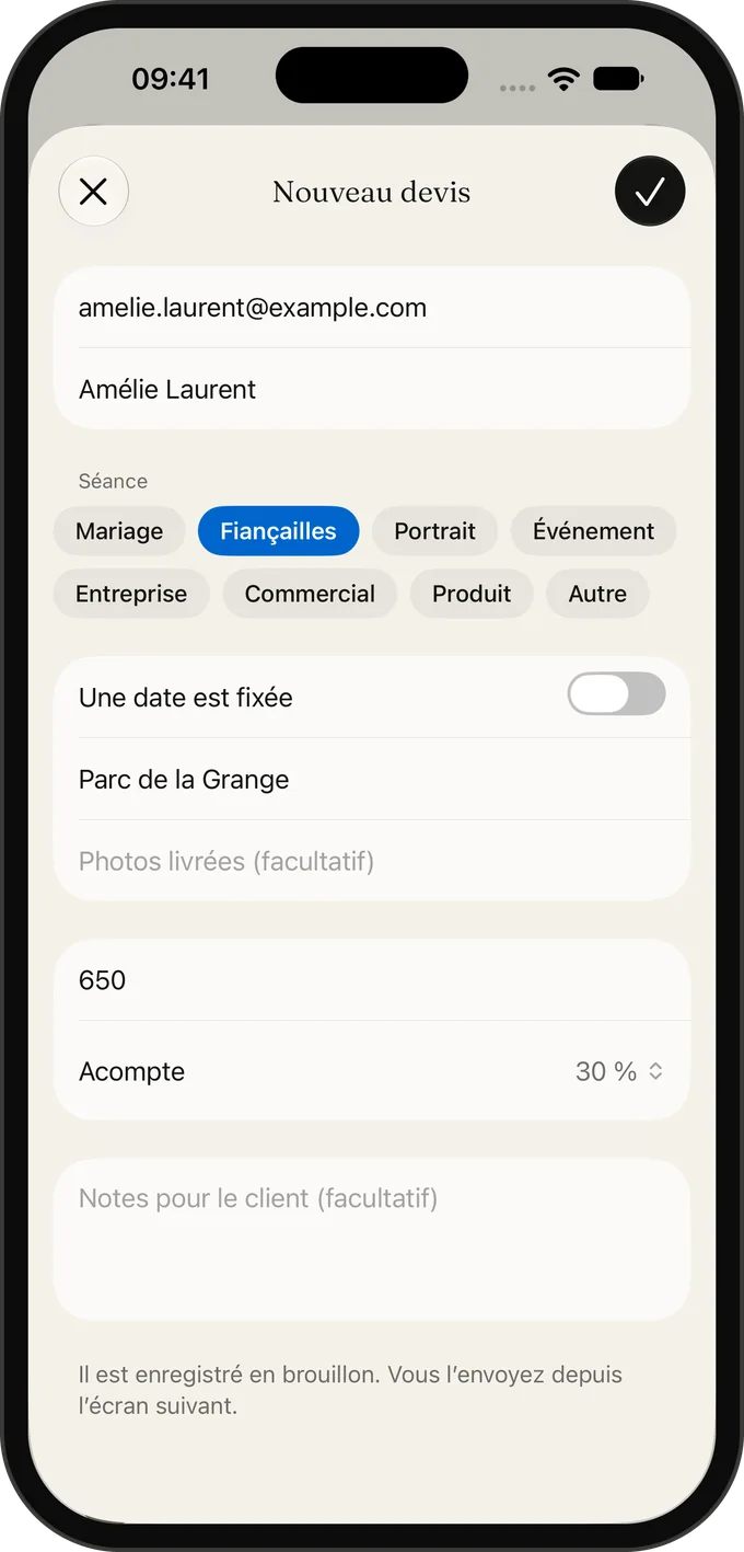 Envoyez un devis entre deux séances : séance, lieu, prix et acompte.