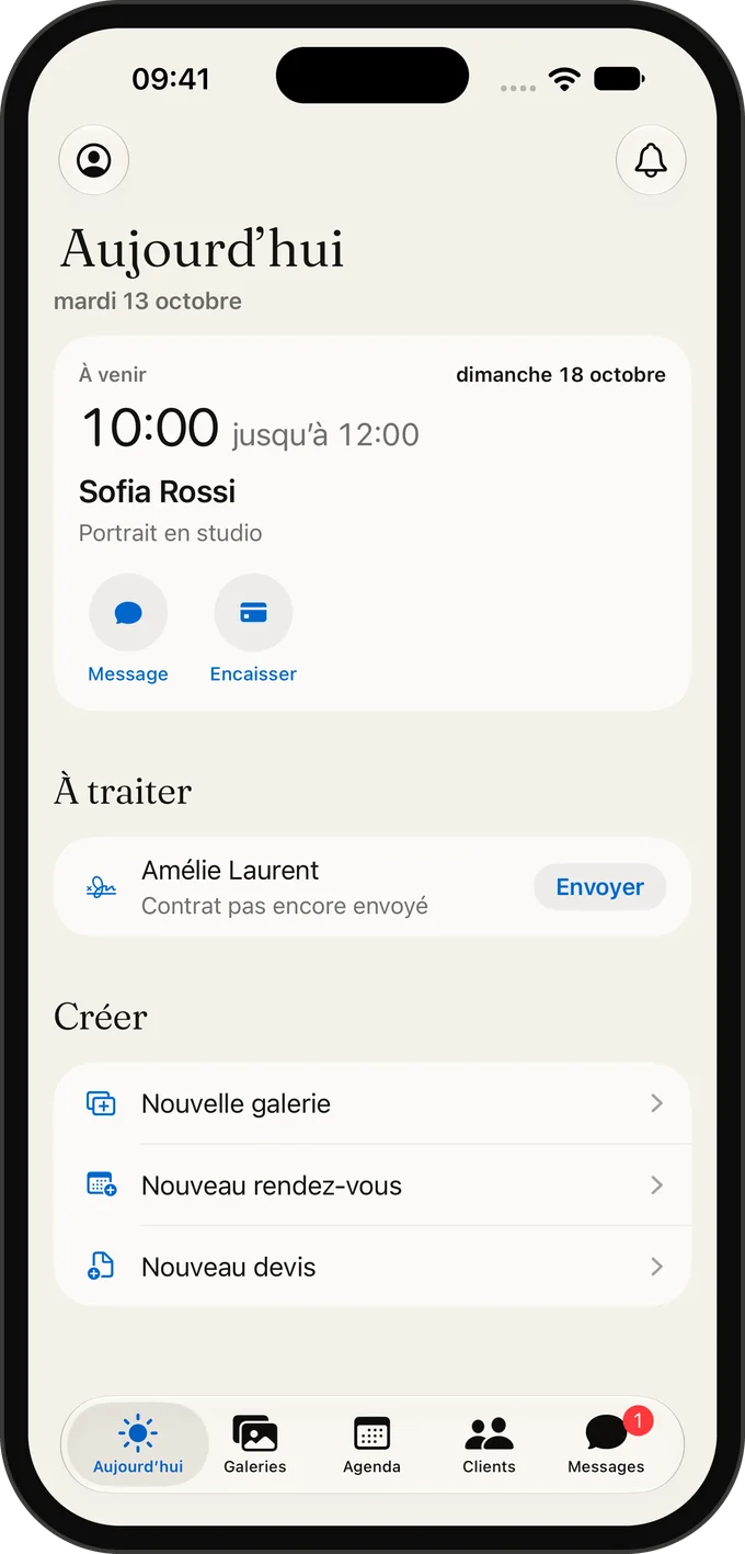 Galerly sur iPhone : l’écran Aujourd’hui avec la prochaine séance et ce qui vous attend