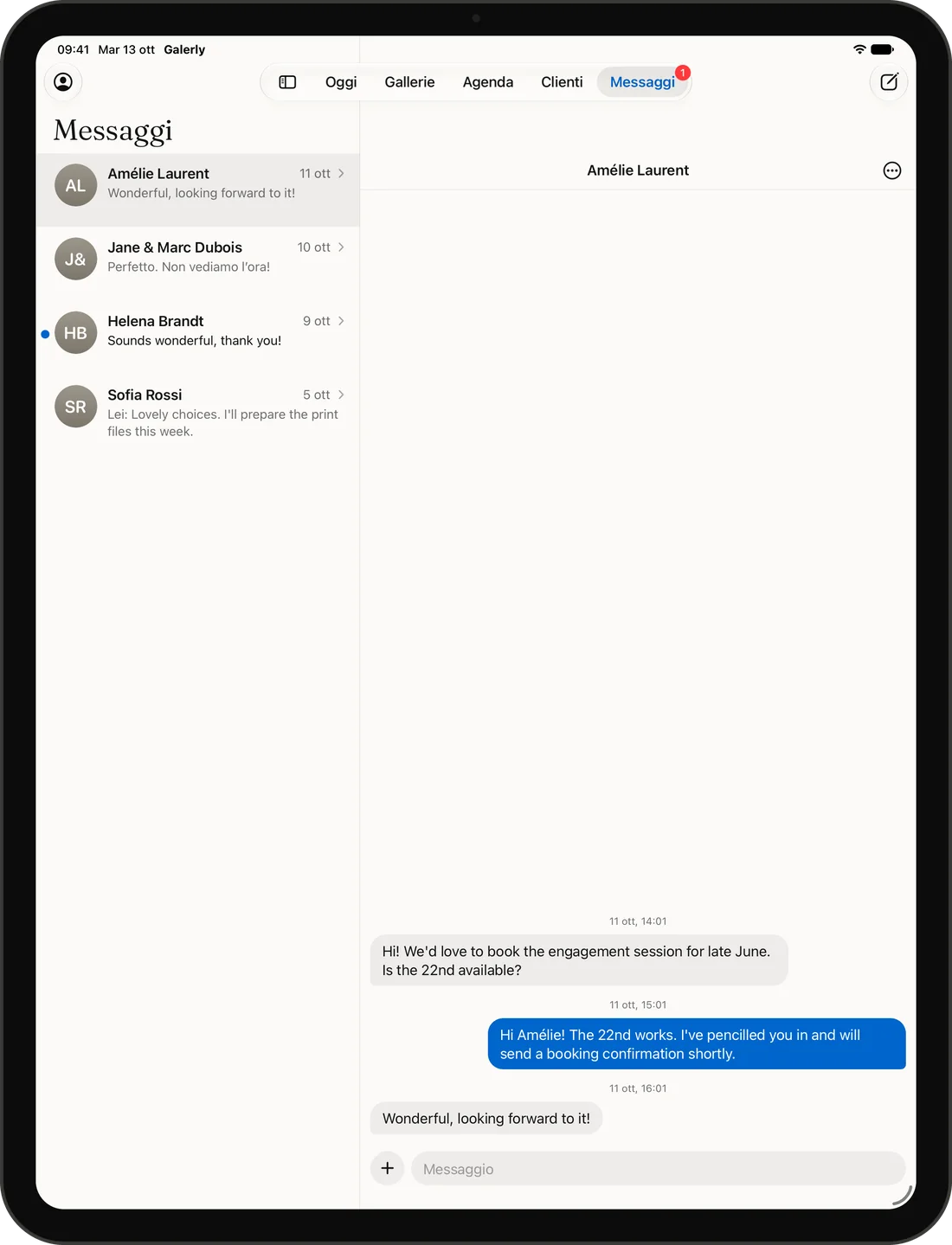 I messaggi Galerly su iPad: tutte le conversazioni e quella aperta una accanto all’altra