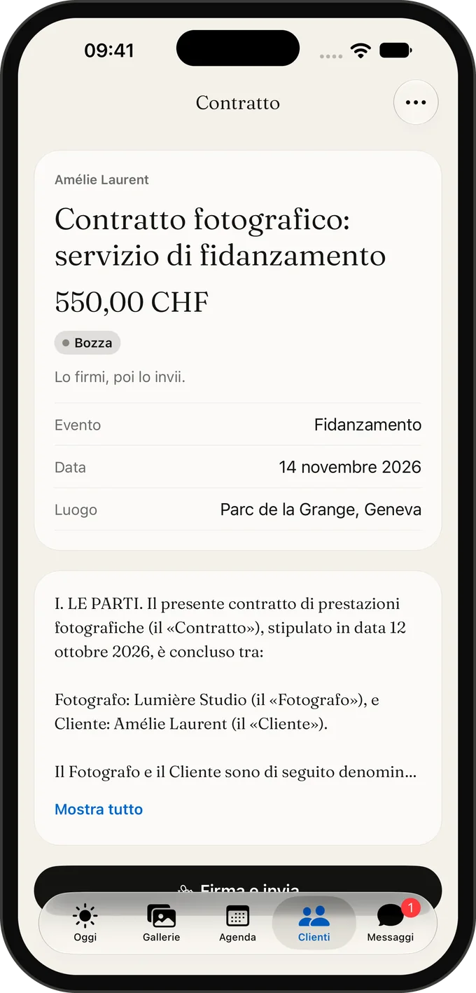 Un contratto fotografico nell’app Galerly, pronto da firmare e inviare