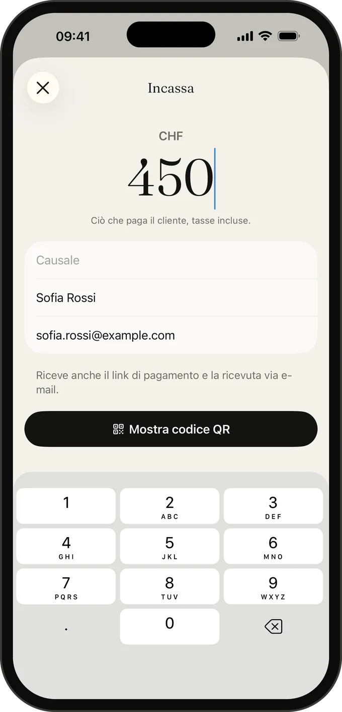 Incassa nell’app Galerly: digiti l’importo che il cliente paga