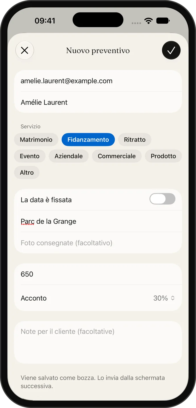 Invii un preventivo tra due servizi: servizio, luogo, prezzo e acconto.