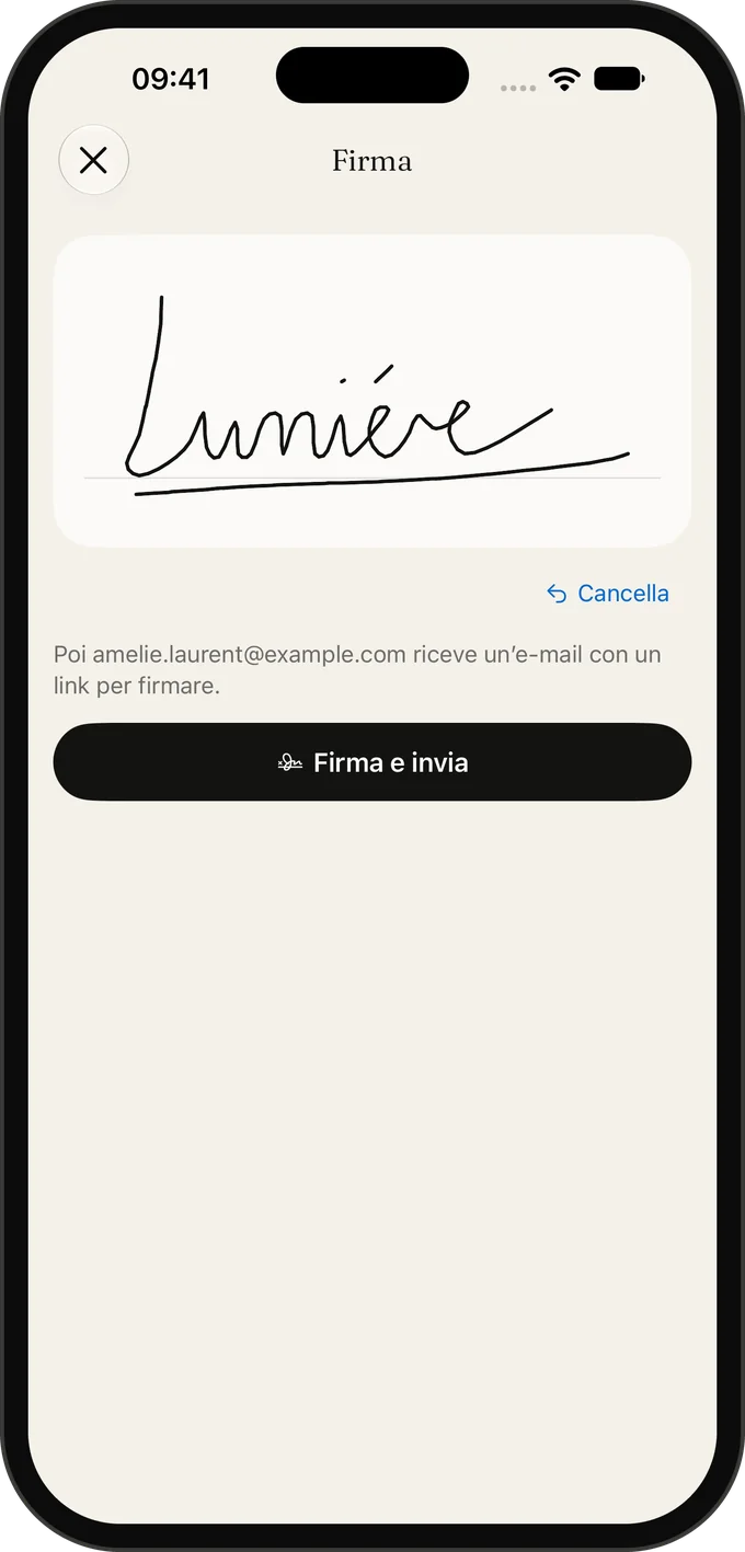 Firmi il contratto con un dito. Il cliente firma il suo da un link.